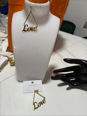 Gold Love Script Drop Earrings - Stainless Steel